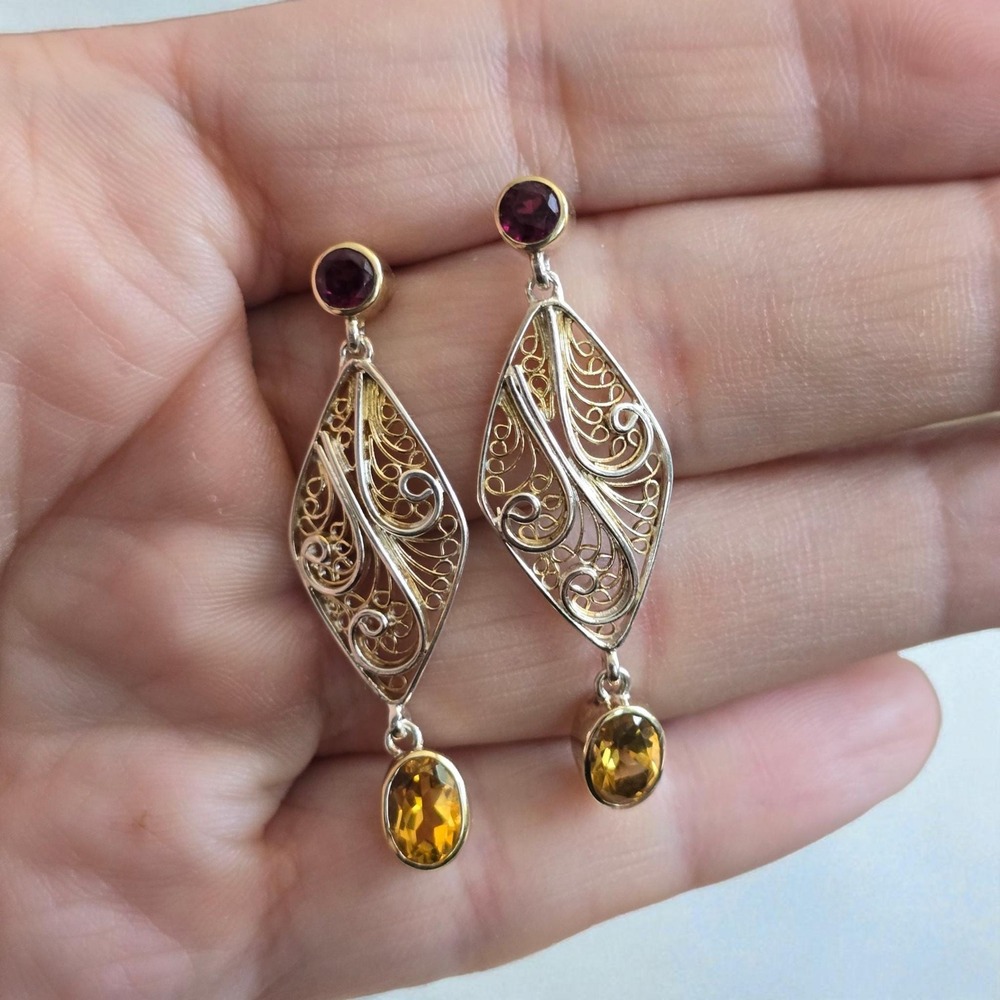 Vintage-Inspired Sterling Silver Filigree Earrings with Citrine & Garnet - Picture 9 of 12